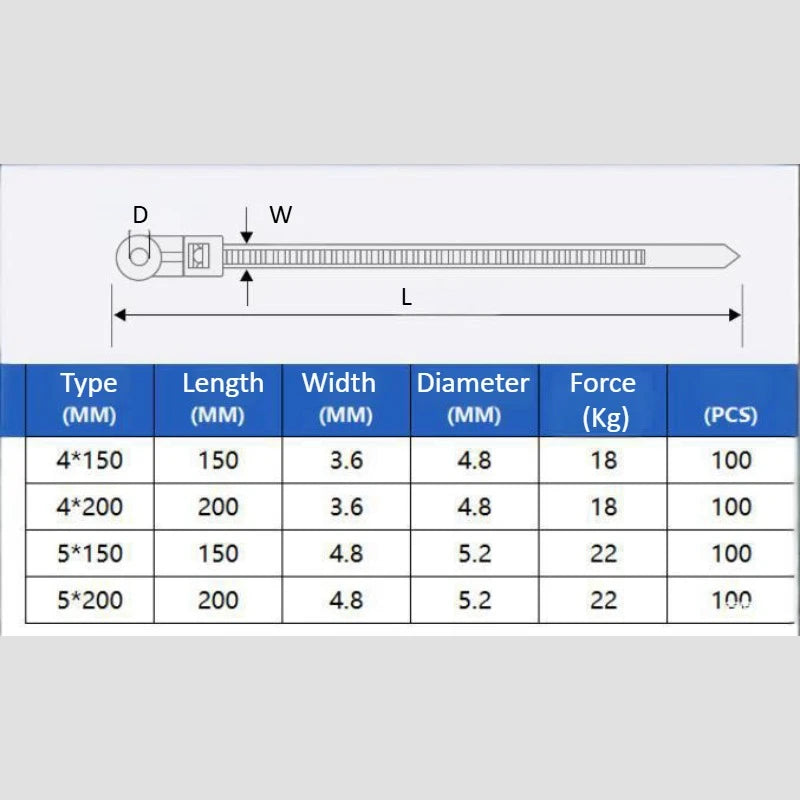 100Pcs Screw Hole Cable Ties Nylon Self-Locking Loop150mm/200mm Wrap Bundle Mount Organizer Fastening Straps Fasten Zip Plastic