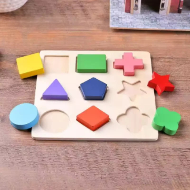 Wooden Geometric Blocks Montessori Puzzle Shape Sorting Math Early Educational Learning Toy for Toddlers Baby Cognitive Training