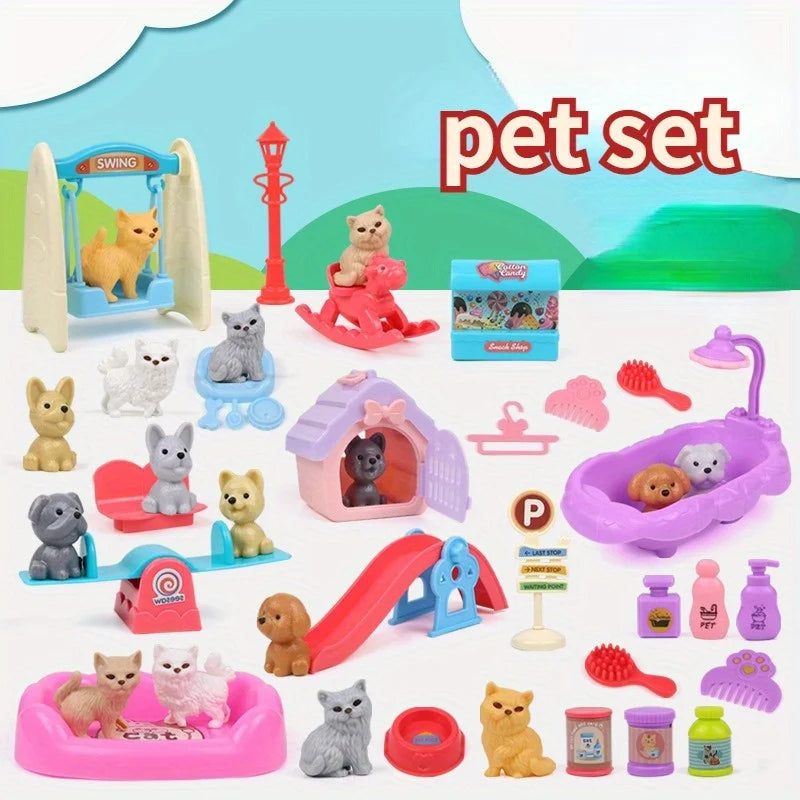 Cute Dog Pet Basket Family Toys Dog Doll Set Cage Toys Scene Playing Toys Christmas Decoration Thanksgiving Gifts Color Randomly