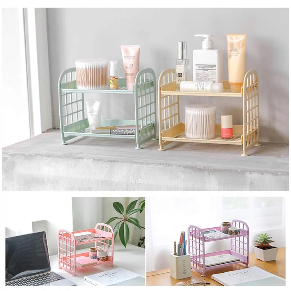 2-Tier Multifunctional Plastic Shelf Makeup Organizer for Skincare Office Kitchen Bedroom Bathroom Two Layer Hollow Storage Rack