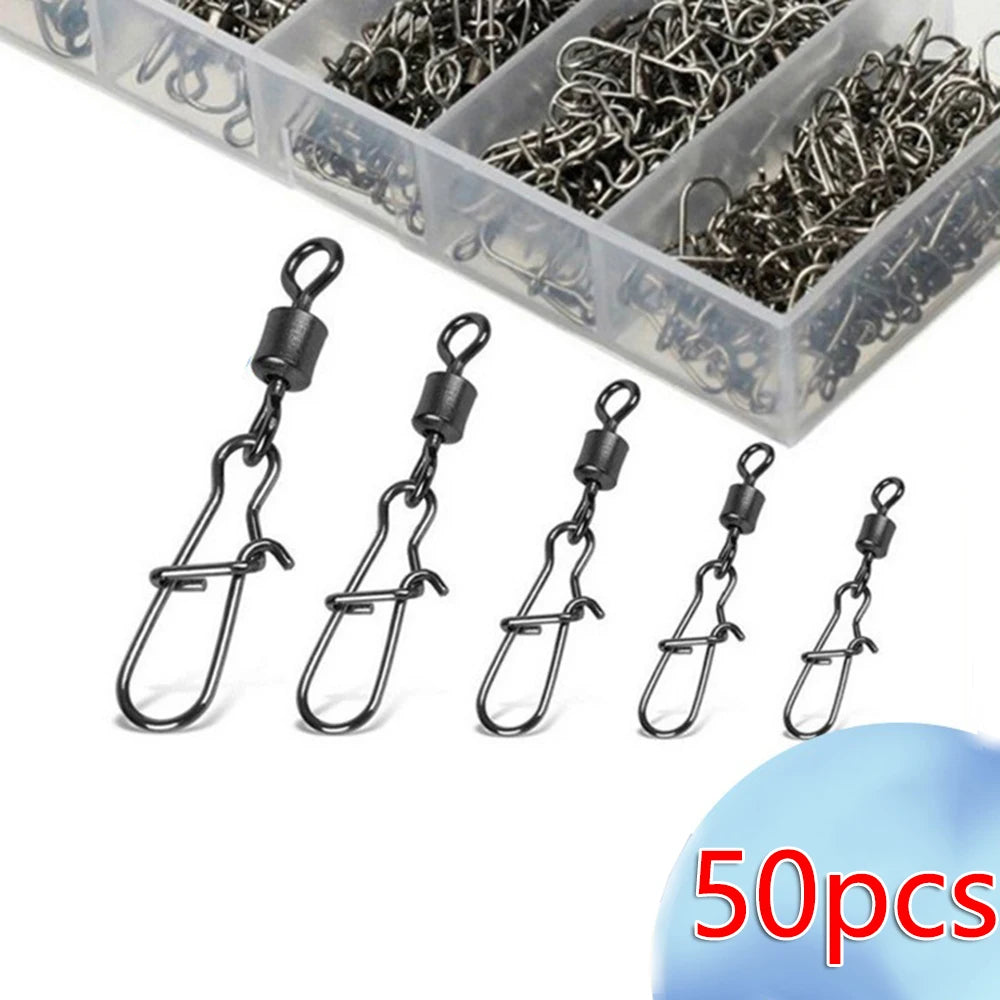 50pcs/Box Fishing Connector Swivels Interlock Pin Snap 4# 6# 8# 10# 12# Rolling Swivel Beads for Fishhook Lure Fishing Accessory