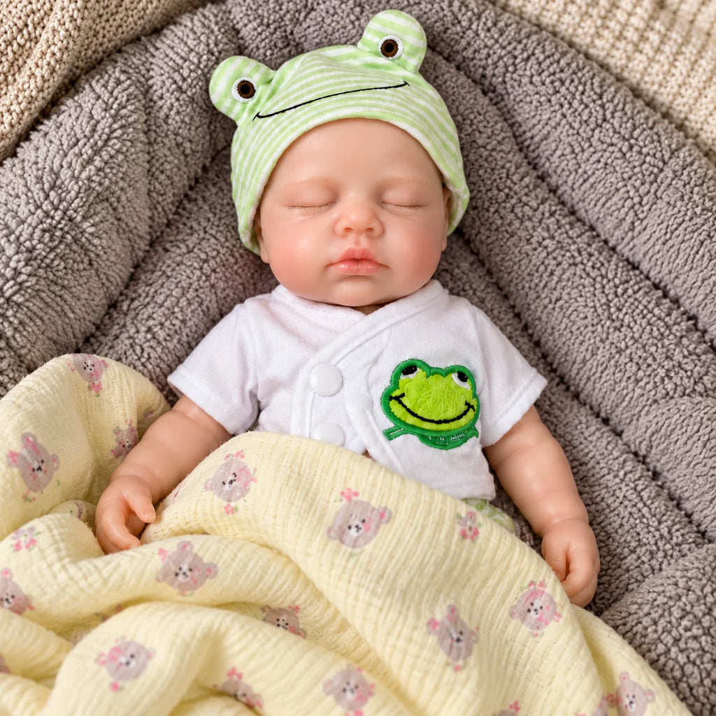 12 Inch Lifelike Sleeping RebornSilicone Baby Doll Cute Frog Outfit Realistic Newborn Doll Collectible Toy Gift
