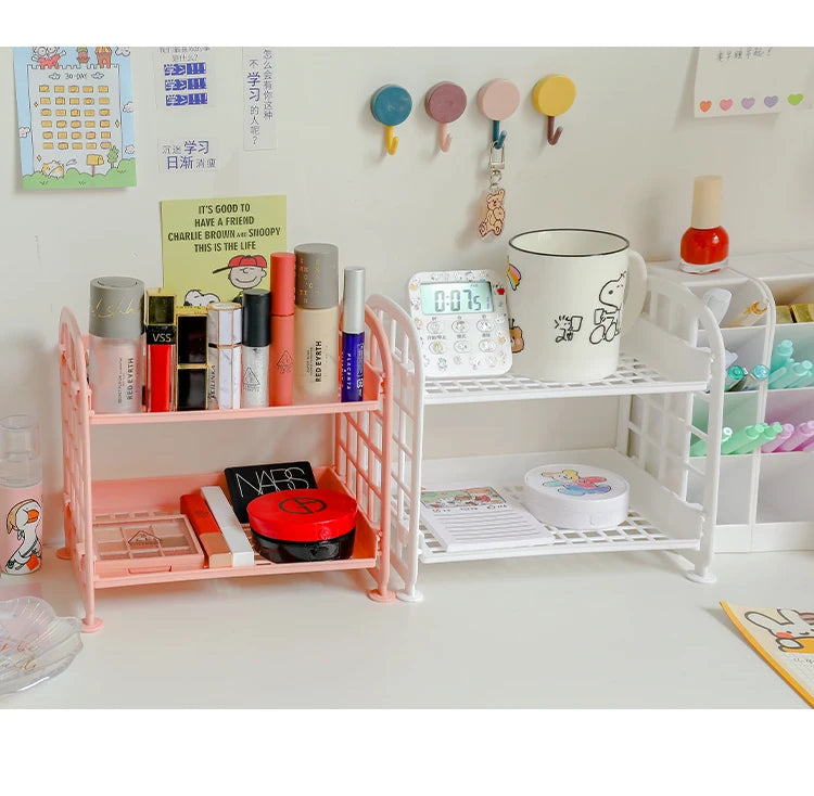 2-Tier Multifunctional Plastic Shelf Makeup Organizer for Skincare Office Kitchen Bedroom Bathroom Two Layer Hollow Storage Rack