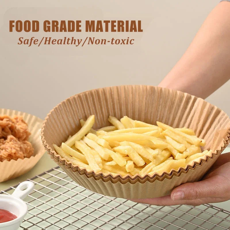 🍟 Papel Desechable Antiadherente para Freidora de Aire | 🧁 Moldes Redondos para Hornear | 🔥 Resistentes a la Grasa | 📦 Paquetes de 50 o 100 Piezas
