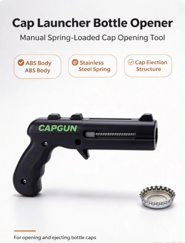 Black Cap Launcher Bottle Opener, Manual Spring-Loaded Cap Opening Tool with ABS Body and Stainless Steel Spring