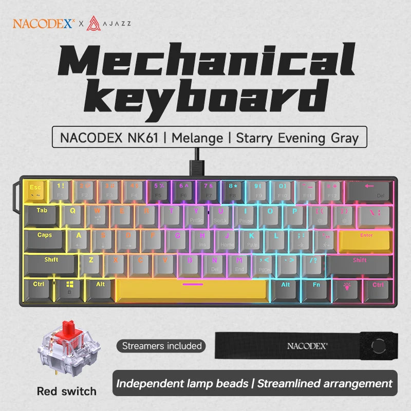 AJAZZ NK61 Wired Mechanical Gaming Keyboard, Supports Full-Key Hot-Swapping, Suitable for Both Office Work and Gaming