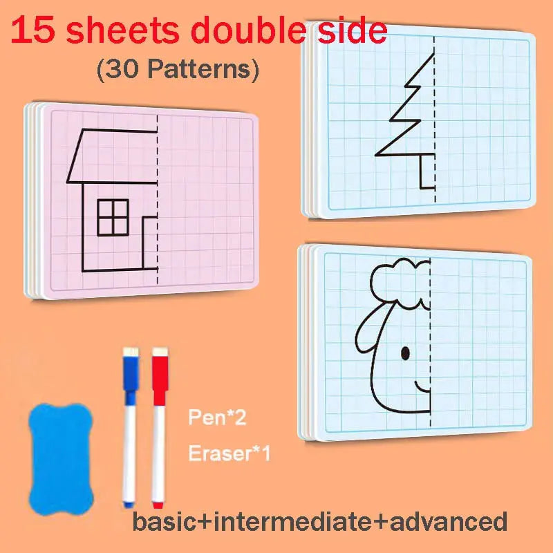 30 Page Children's Grid Symmetrical Drawing Toy Focuses on Fine Motor Skills Writing and 4-Color Brush Control Training Drawing