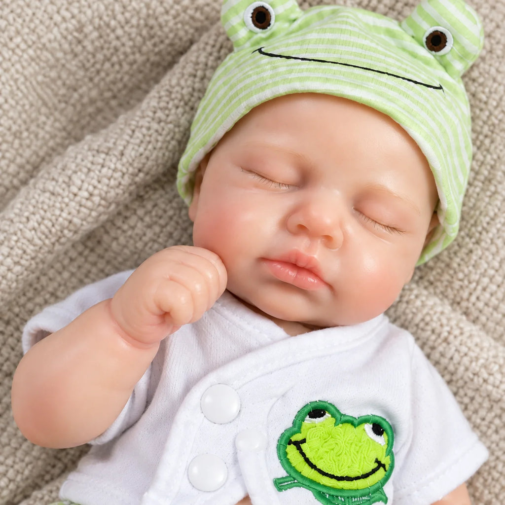 12 Inch Lifelike Sleeping RebornSilicone Baby Doll Cute Frog Outfit Realistic Newborn Doll Collectible Toy Gift