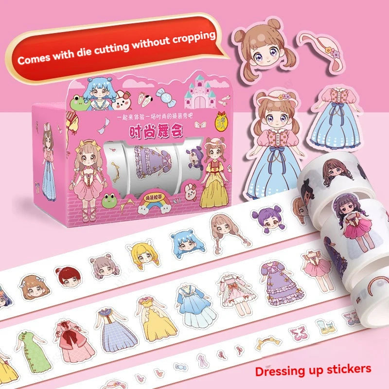 1-4box Cute Princess Dress Up Sticker Girl Cartoon Washi Tape Set Cute Children's Handbook Character Clothes Decoration Sticker