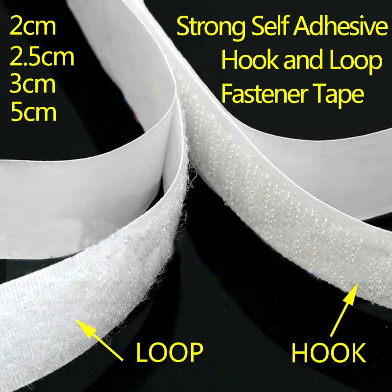 1/2/5M 20-50mm White Strong Self Adhesive Fastener Hook and Loop Strips with Glue Double-Side Mounting Tapes for DIY Craft