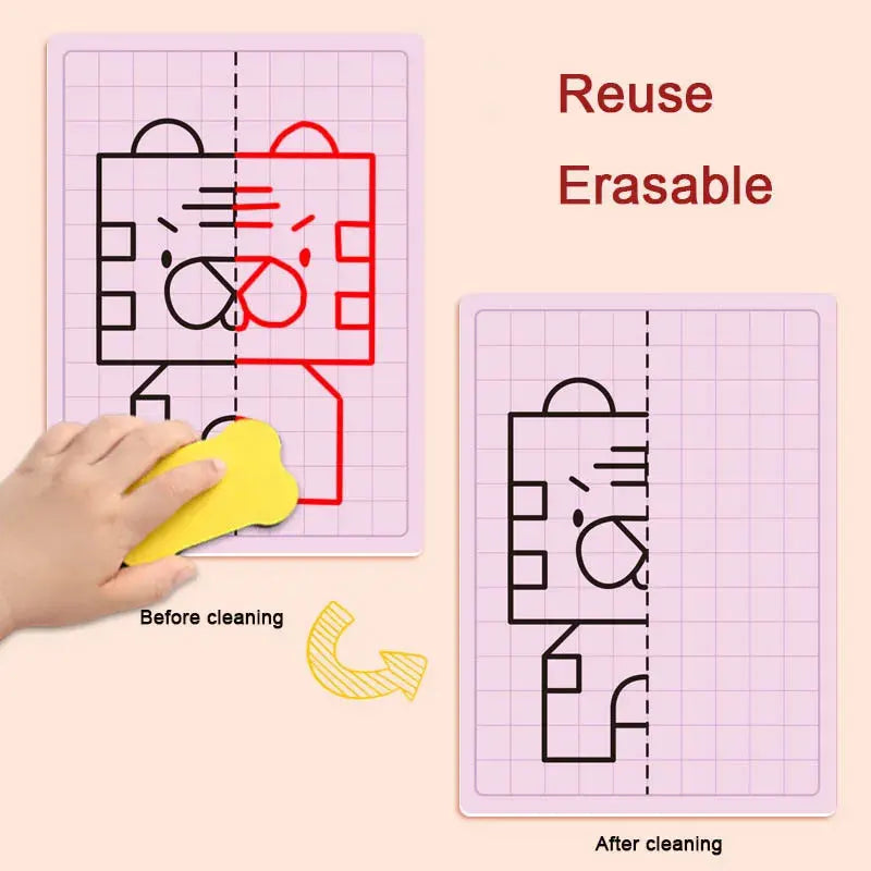 30 Page Children's Grid Symmetrical Drawing Toy Focuses on Fine Motor Skills Writing and 4-Color Brush Control Training Drawing