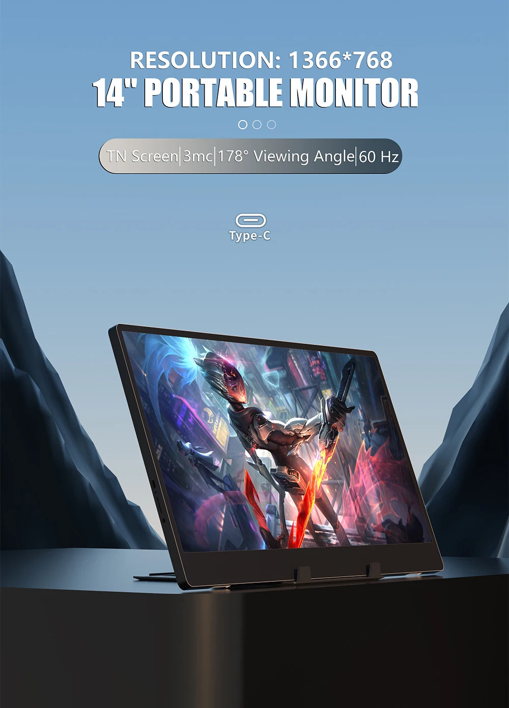 MUCAI N140-S36 Portable Display 14 Inch 60Hz Resolution 1366*768 TN Panel 250cd/㎡ Brightness 3ms Response Portable Monitor
