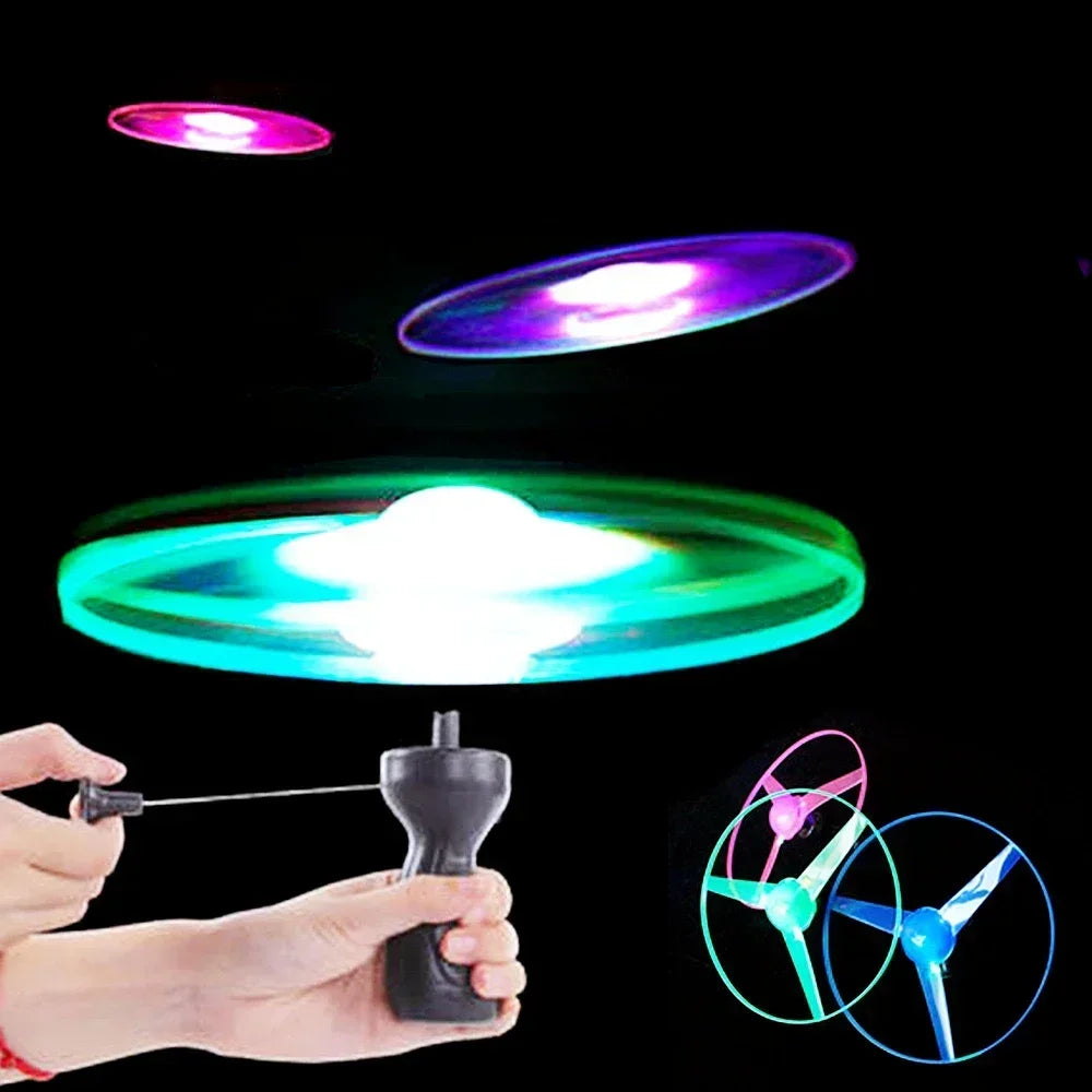 1Q-Luminous Flying Disc Propeller Toys LED Lighting Pull String Flying UFO Toy Spinning Top Outdoor Game Sports Toy Gift