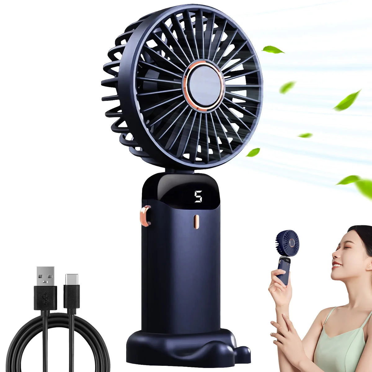 🌬️ Ventilador Portátil Recargable USB Plegable 🔋 5 Velocidades | 📱 Soporte para Celular | 🔢 Pantalla Digital | 🎒 Diseño de Mano y Colgante para el Cuello