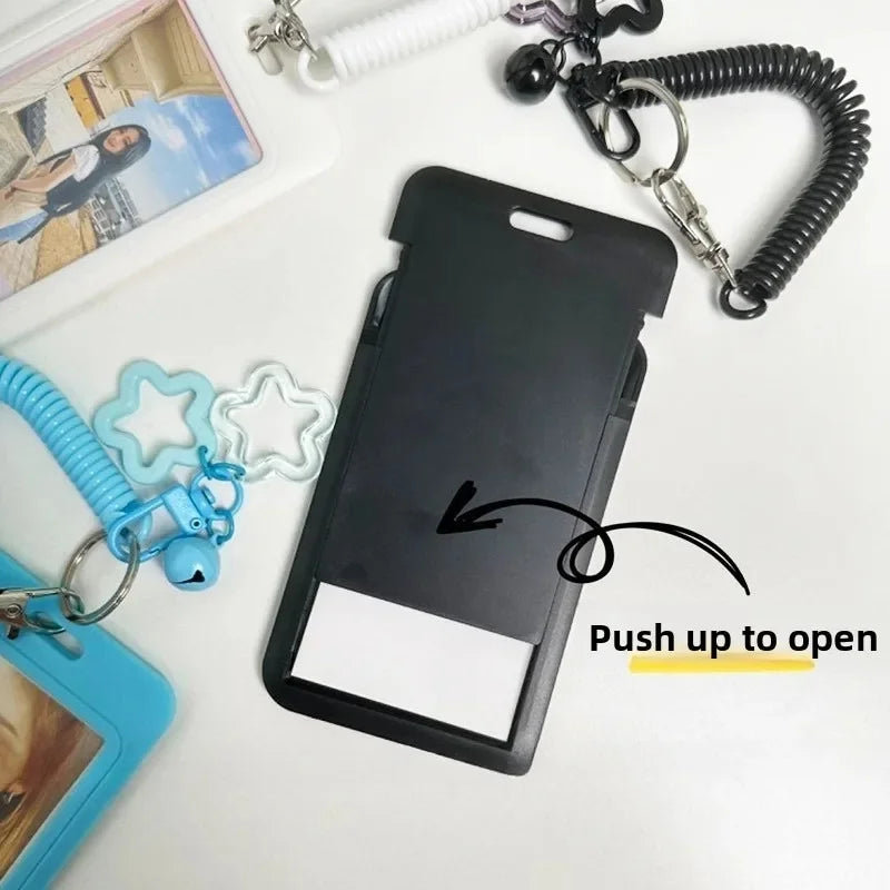 Cute Simple Protective Card Holder with Keychain Colorful Star Retractable Spring Lanyard ID Card Photo Postcard Holder Charms