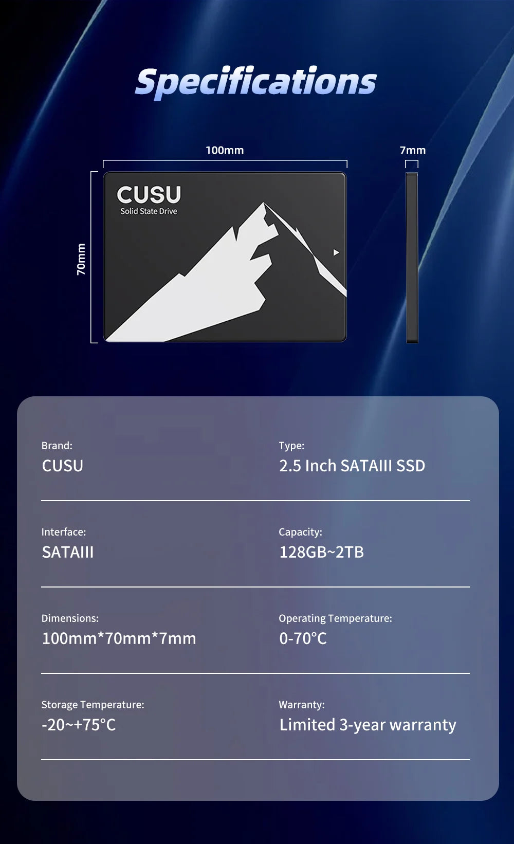 CUSU SSD 1TB 512GB 256GB 128GB SATA3 Hard Drive 2TB SSD SATA Solid State Disk for Laptop Desktop