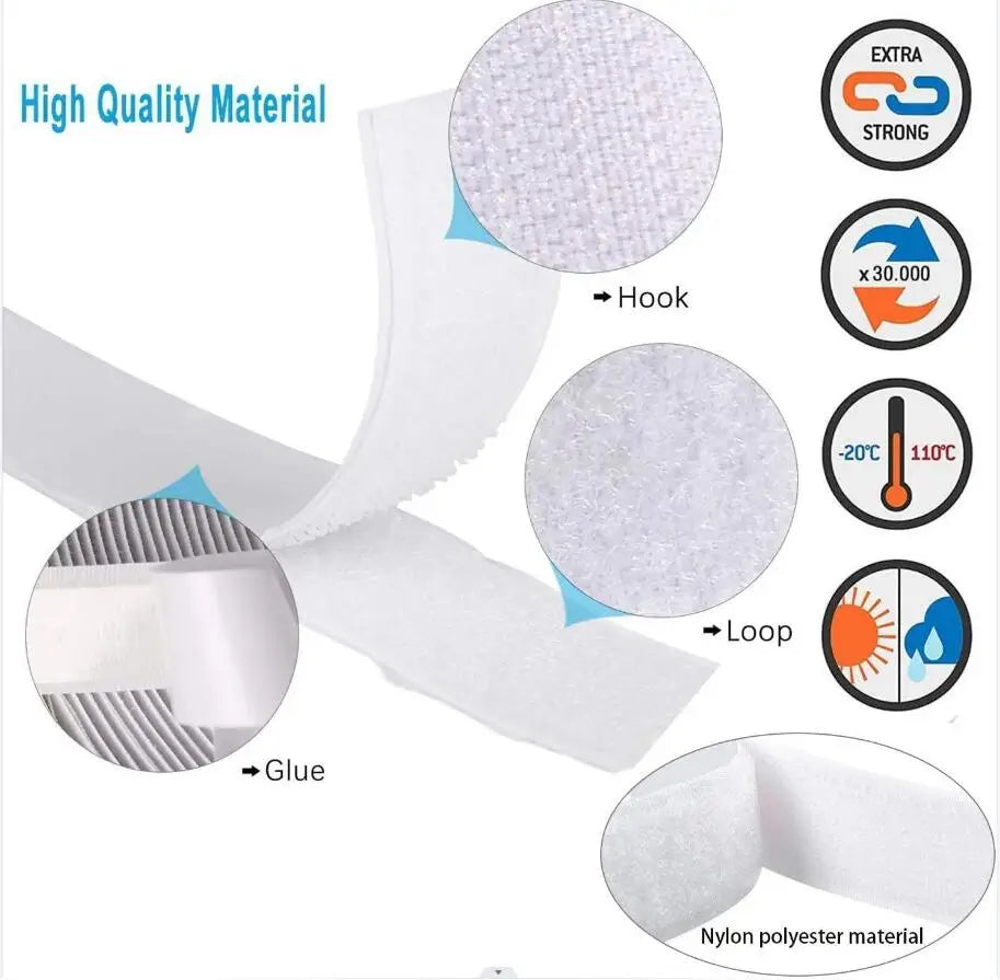 1/2/5M 20-50mm White Strong Self Adhesive Fastener Hook and Loop Strips with Glue Double-Side Mounting Tapes for DIY Craft