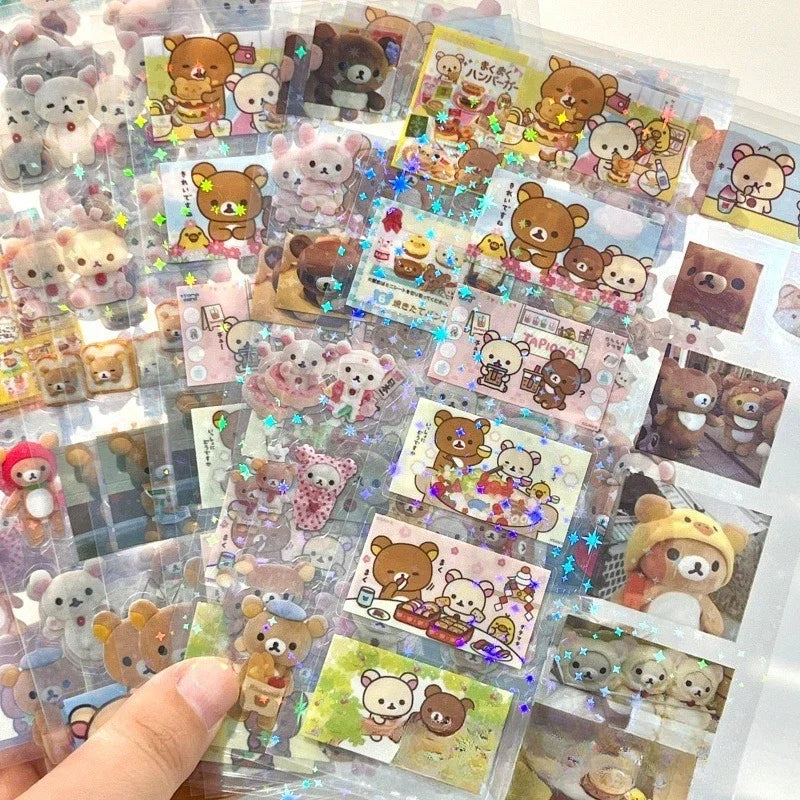 5Sheets Cartoon Rilakkuma Cute Stickers Die-cutting Sticker Anime Handbooks Material Flashing Laser Sticker Kids Toy