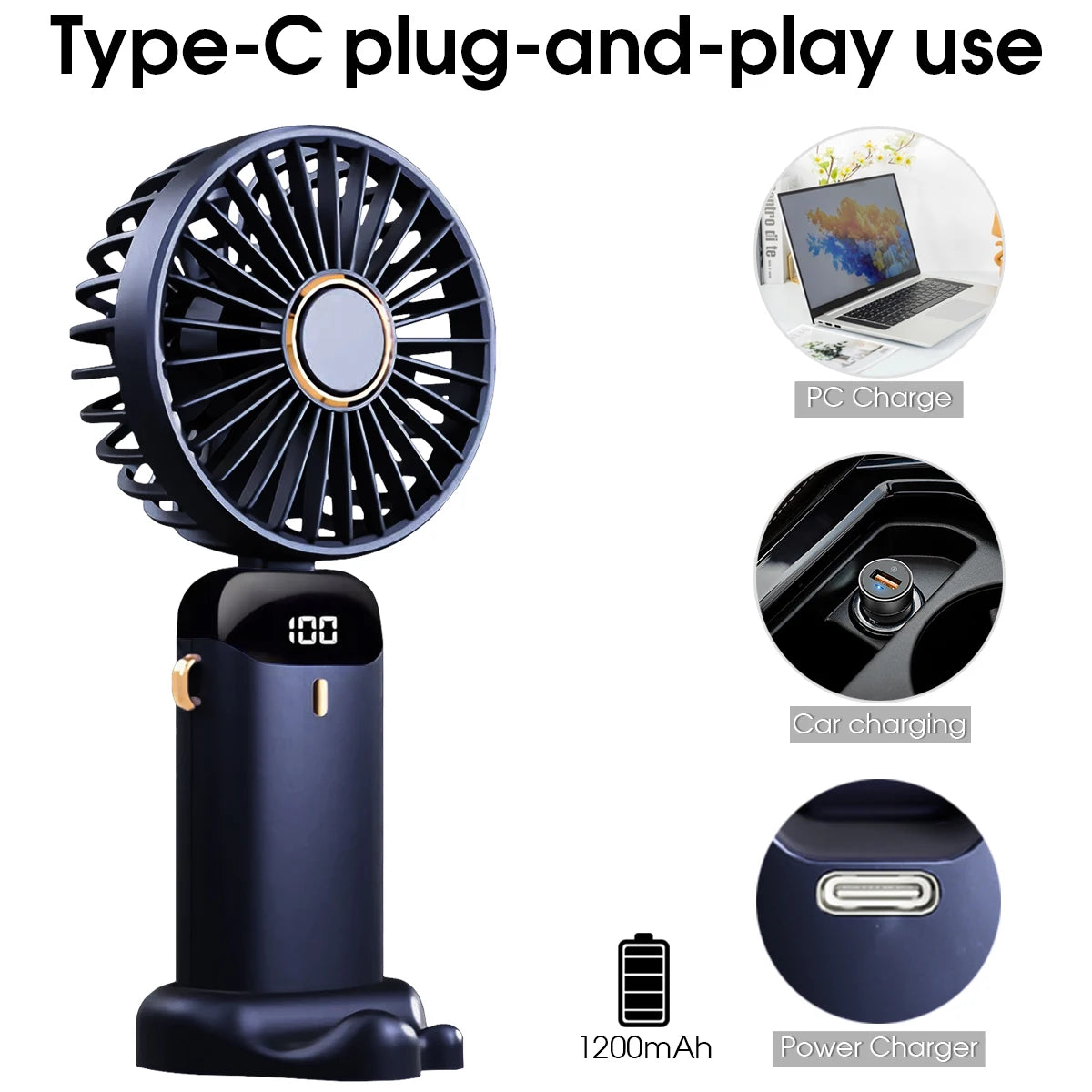 🌬️ Ventilador Portátil Recargable USB Plegable 🔋 5 Velocidades | 📱 Soporte para Celular | 🔢 Pantalla Digital | 🎒 Diseño de Mano y Colgante para el Cuello