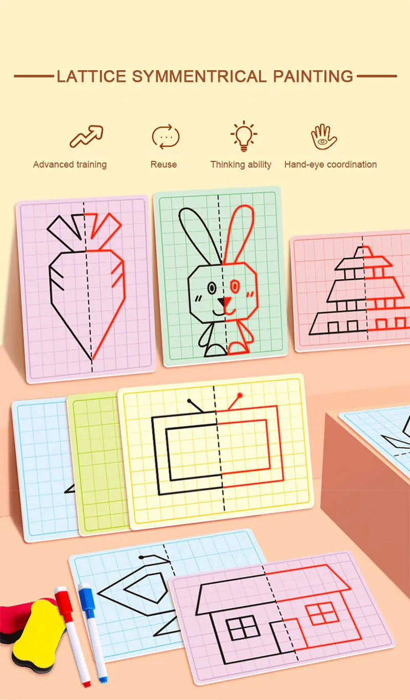 30 Page Children's Grid Symmetrical Drawing Toy Focuses on Fine Motor Skills Writing and 4-Color Brush Control Training Drawing