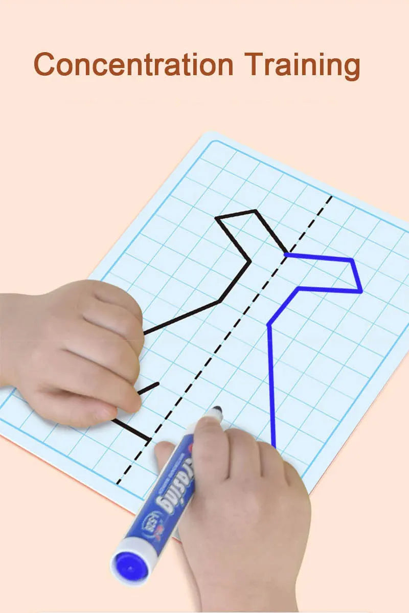 30 Page Children's Grid Symmetrical Drawing Toy Focuses on Fine Motor Skills Writing and 4-Color Brush Control Training Drawing