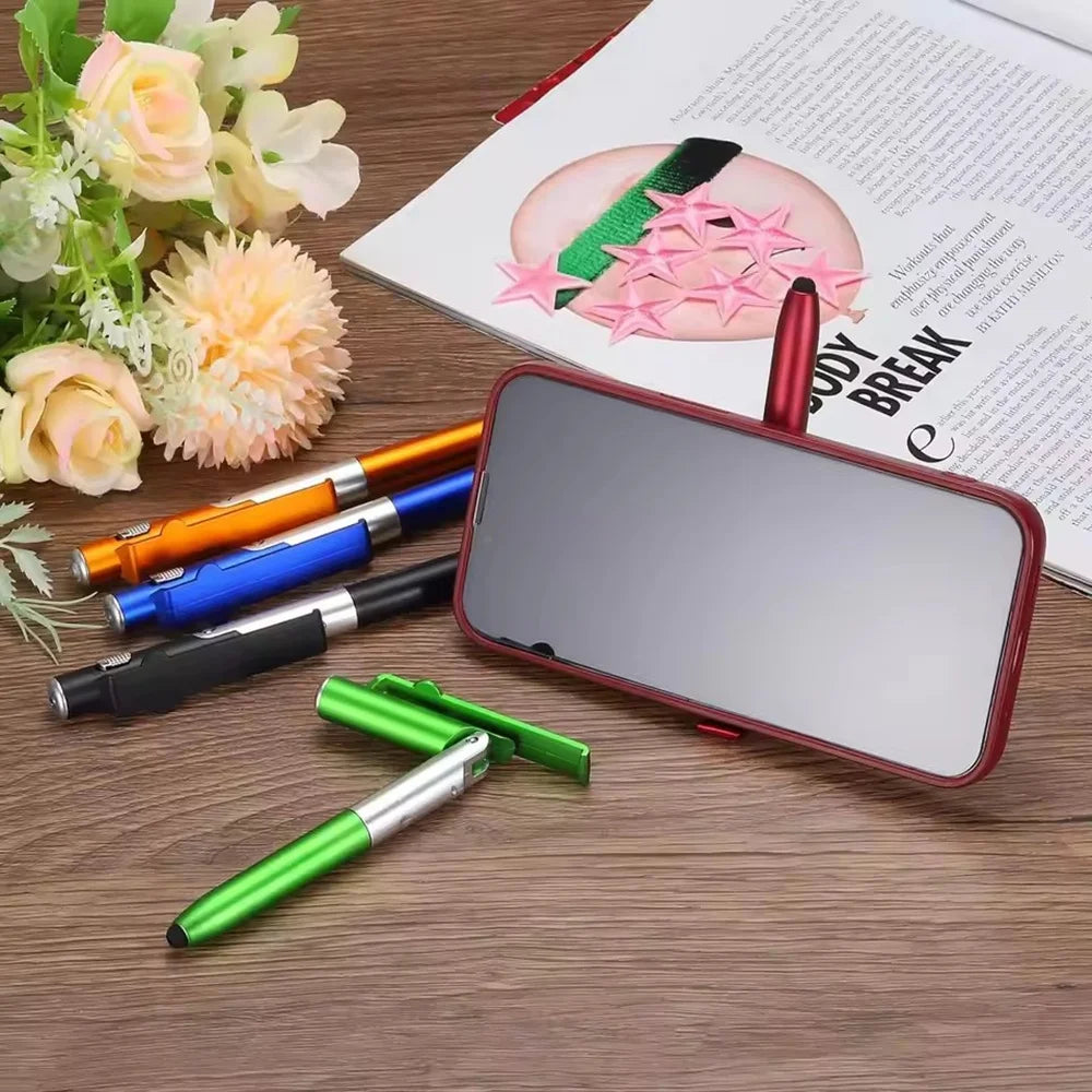 Multifunction 4In1 Foldable Ballpoint Pen with LED Light Phone Holder Night Read Writing Pencil Office School Student Stationery
