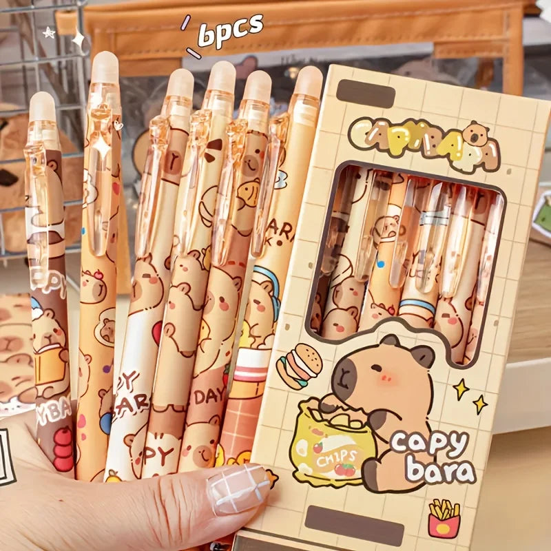 6pcs Cute Capybara Erasable Gel Pens | 0.5mm Retractable Blue Ink for School & Office | Smooth Writing & Quick-Drying (6 Colors)