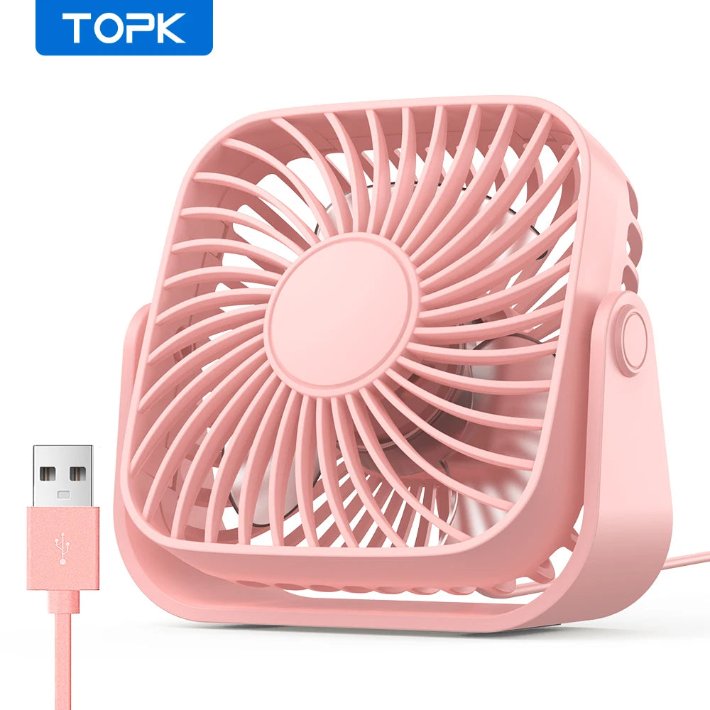TOPK 4-Inch USB Mini Portable Fan for Camping, 3 Speeds Quiet Desk Table Personal Fan, 360° Adjustment Standing Fans for Room Home