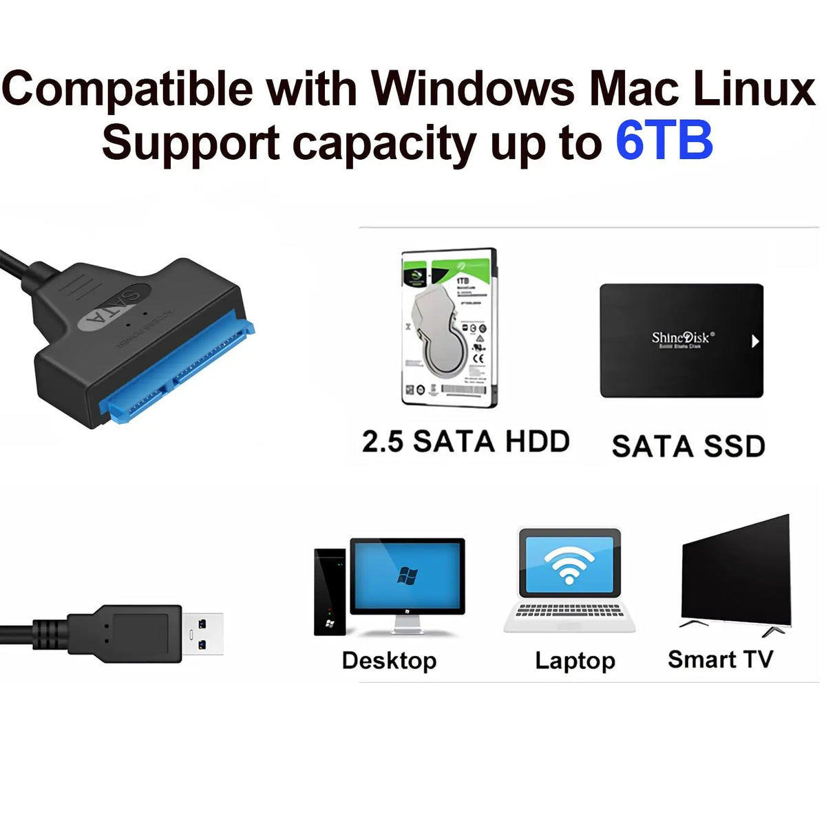 LccKaa SATA To USB 3.0 / 2.0/Type-C Cable for 2.5 Inch External HDD SSD Hard Disk Drive SATA 3 22 Pin Adapter USB SATA Converter