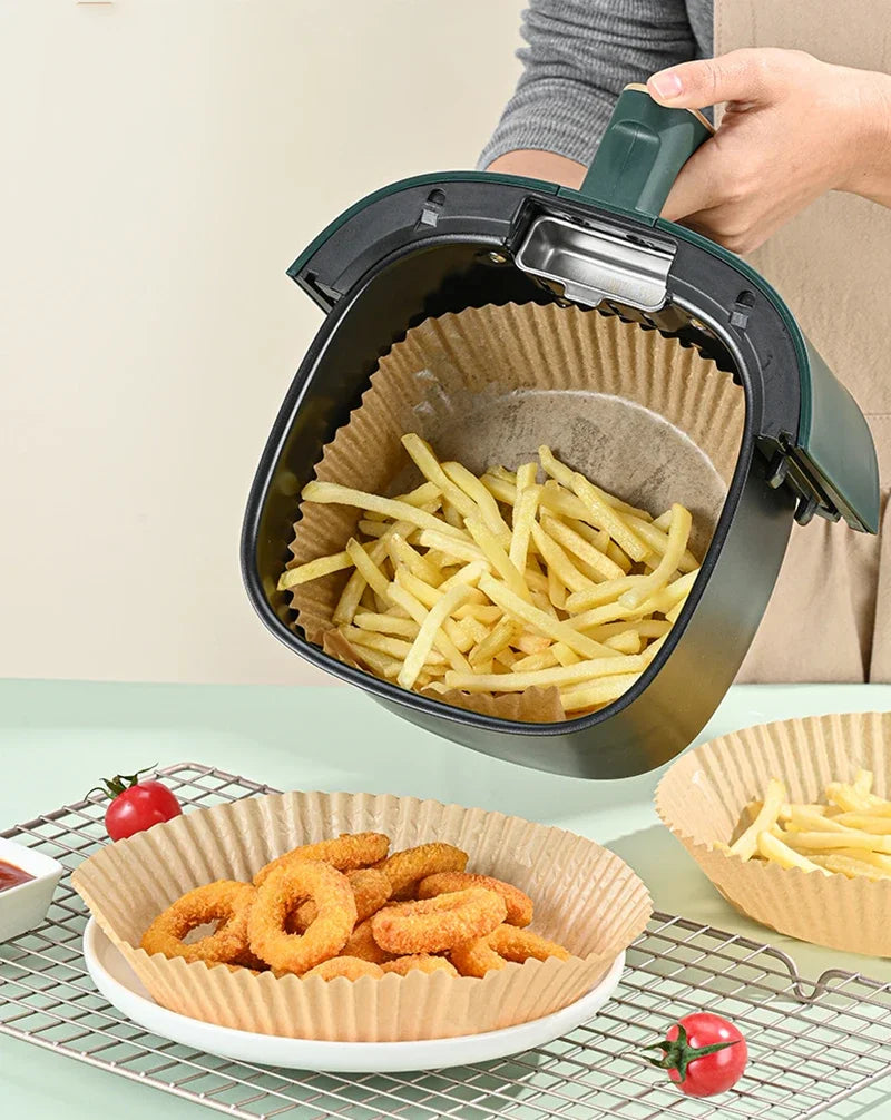 🍟 Papel Desechable Antiadherente para Freidora de Aire | 🧁 Moldes Redondos para Hornear | 🔥 Resistentes a la Grasa | 📦 Paquetes de 50 o 100 Piezas