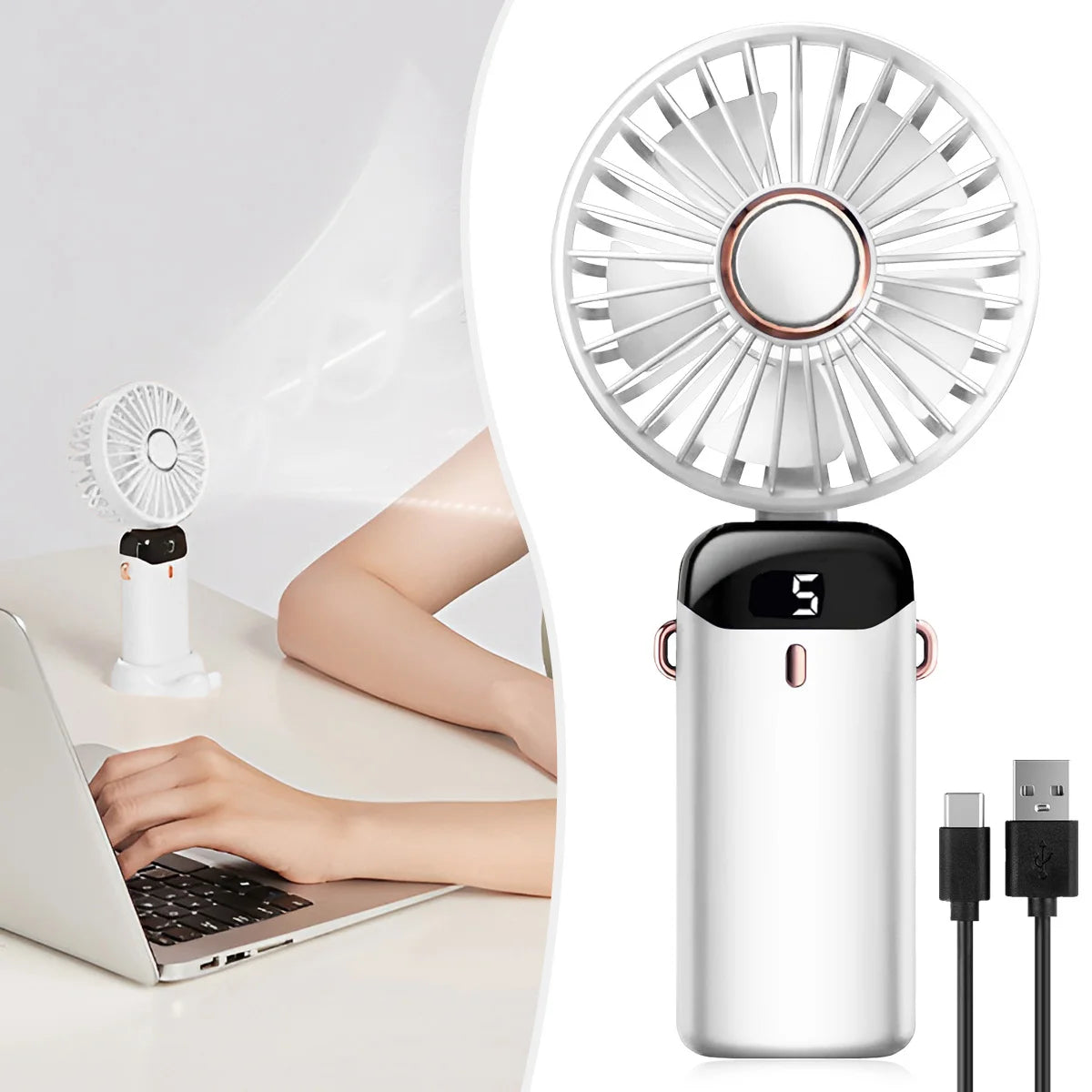 🌬️ Ventilador Portátil Recargable USB Plegable 🔋 5 Velocidades | 📱 Soporte para Celular | 🔢 Pantalla Digital | 🎒 Diseño de Mano y Colgante para el Cuello