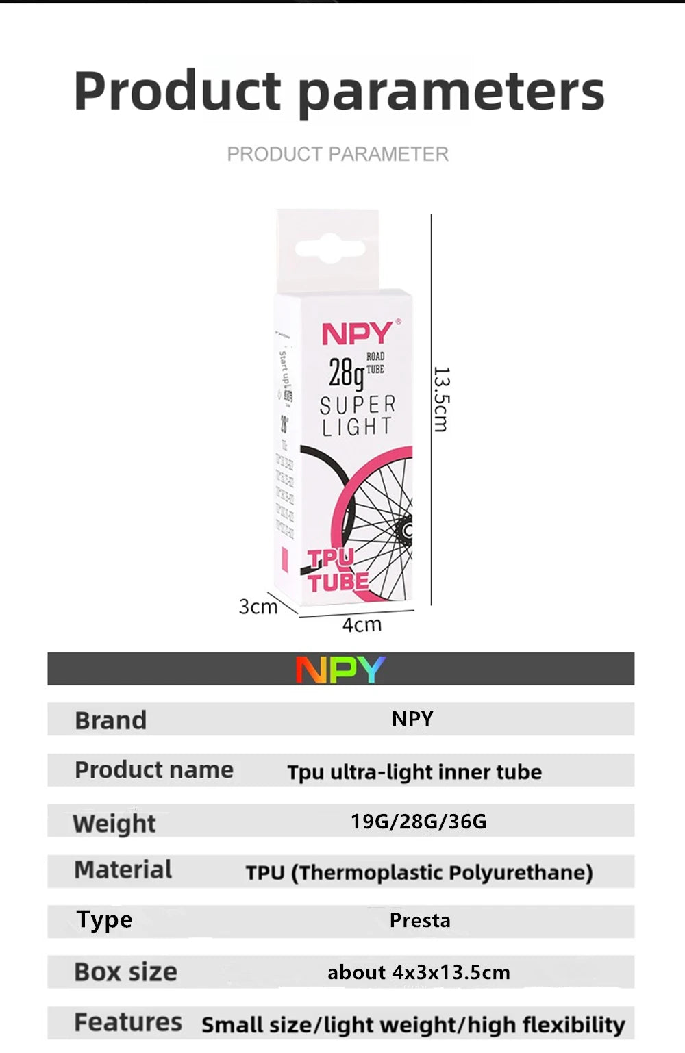 NPY 1Pcs Ultralight 28g Bike TPU Inner Tube 700X18 25 28 32 Road Bicycle TPU Material Tire 45mm/65mm/85mm Length French Valve