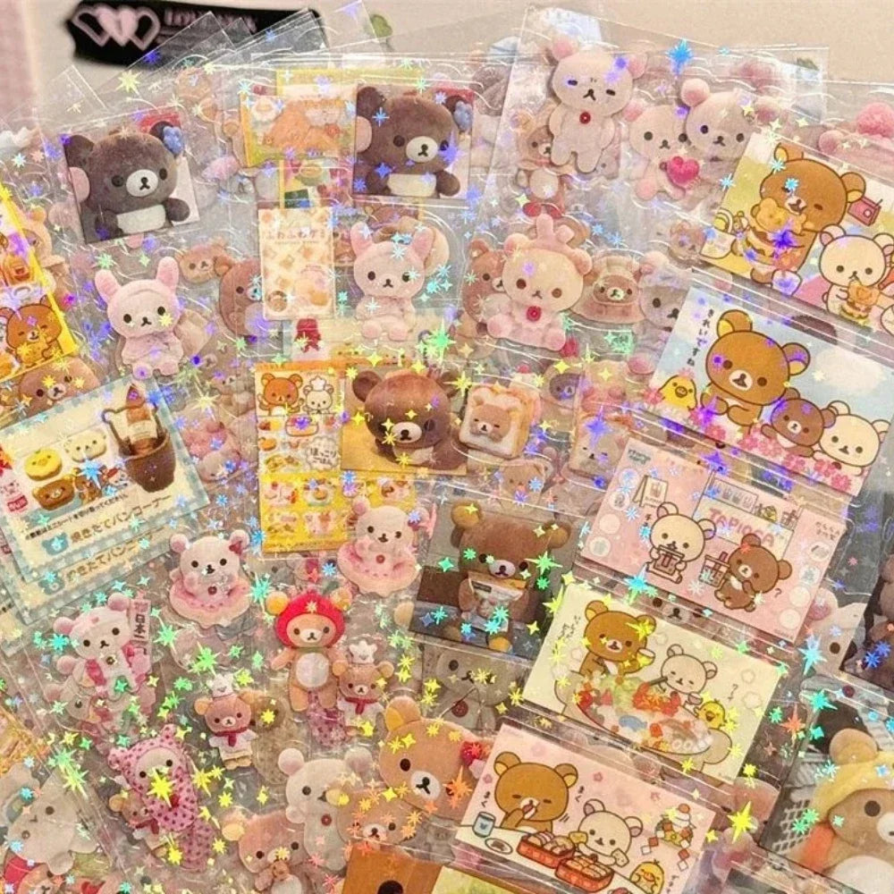 5Sheets Cartoon Rilakkuma Cute Stickers Die-cutting Sticker Anime Handbooks Material Flashing Laser Sticker Kids Toy