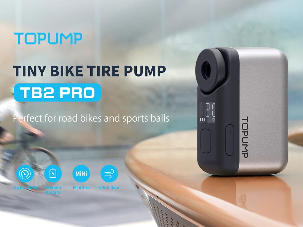 TOPUMP TB2 PRO Electric Mini Portable Pump for Bike Cordless Tire Inflator 120PSI Max 450mAh Battery with Display Fast Charging