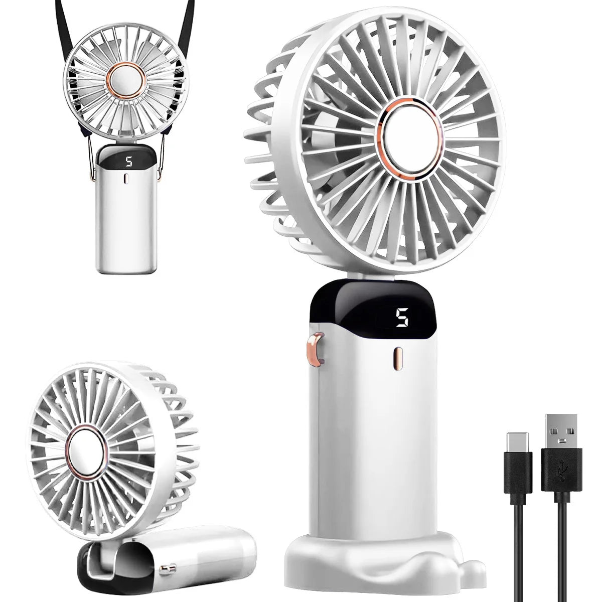 Portable USB Rechargeable Handheld Foldable Fan with 5 Speeds, Phone Stand, Digital Display, and Cooling Neck-Hanging Fan