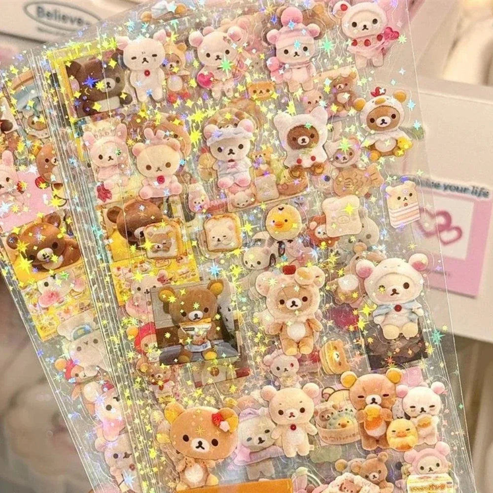 5Sheets Cartoon Rilakkuma Cute Stickers Die-cutting Sticker Anime Handbooks Material Flashing Laser Sticker Kids Toy