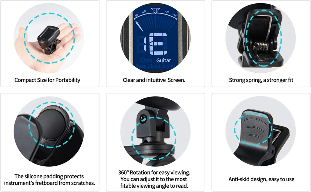 Guitar Tuner For All Instruments Clip on Electronic Tuner for Guitar Bass Ukulele Violin Mandolin Banjo