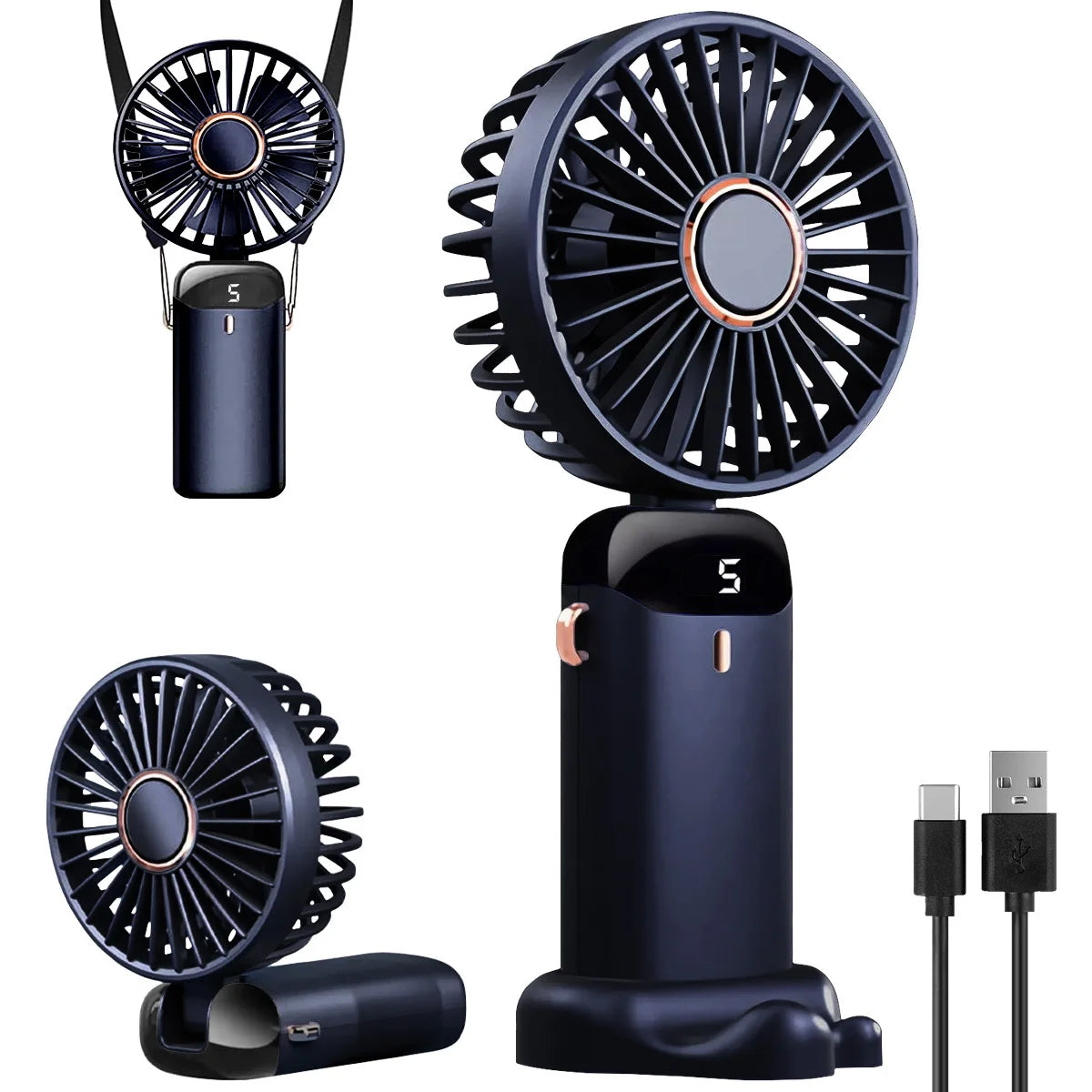 Portable USB Rechargeable Handheld Foldable Fan with 5 Speeds, Phone Stand, Digital Display, and Cooling Neck-Hanging Fan