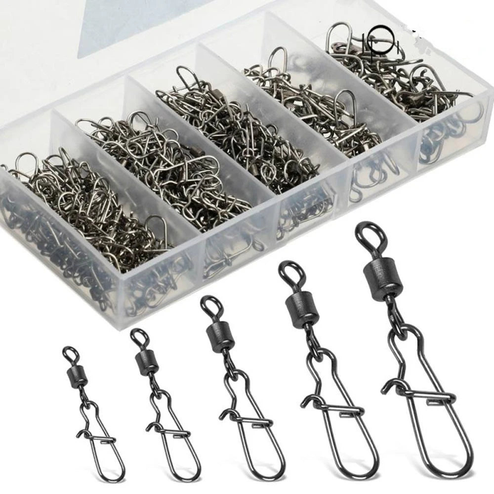 50pcs/Box Fishing Connector Swivels Interlock Pin Snap 4# 6# 8# 10# 12# Rolling Swivel Beads for Fishhook Lure Fishing Accessory