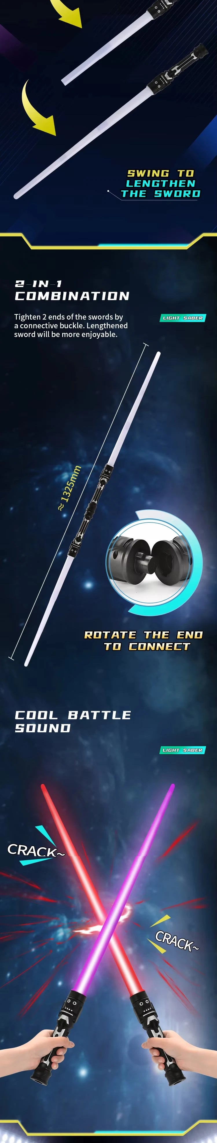 2 in 1 Telescopic Glow Light Sword 7 Color Changing Flashing Stick with Battle Sound Cosplay Party Prop Interactive Play Toy
