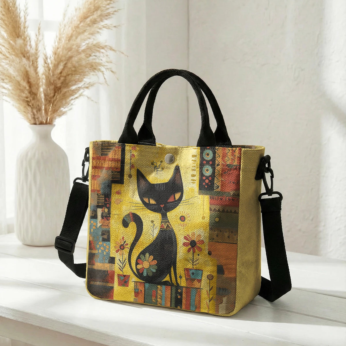 👜 Bolso Tote de Gato Artístico con Correa Desmontable 🐈✨