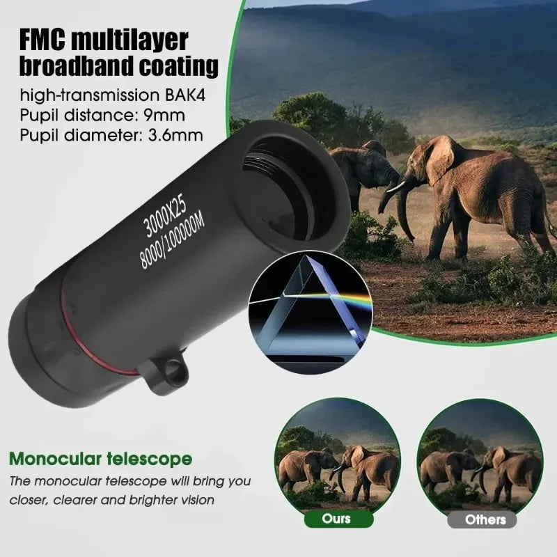 3000x25 Long-Distance HD Professional Monocular Telescope and Mini Portable Telescope, Suitable for Outdoor Camping and Hunting