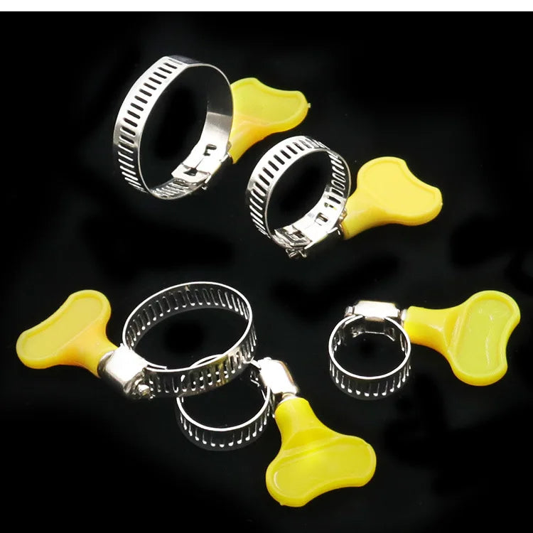 5/10pcs 8-44mm Adjustable Yellow Plastic Handle Hand Twist Hose Clamps Worm Driving 201 Stainless Steel Pipe Clips For Tube