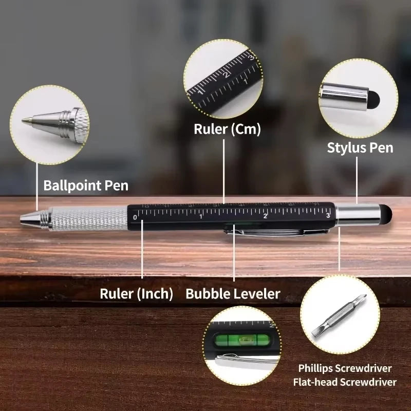 7 In1 Multifunction Ballpoint Pen with Modern Handheld Tool Measure Technical Ruler Screwdriver Touch Screen Stylus Spirit Level