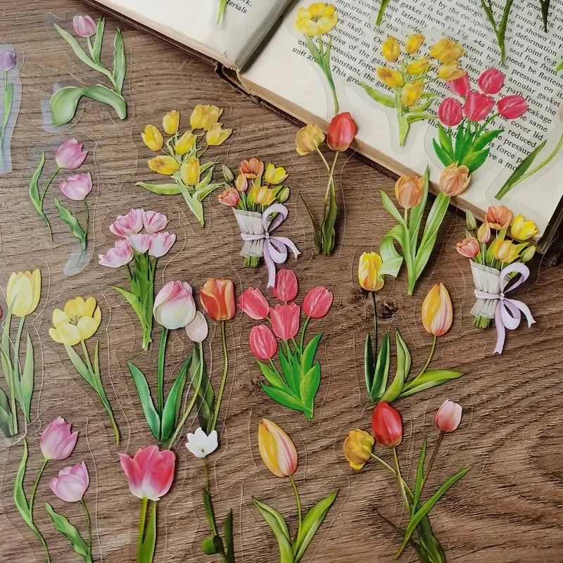 JIANQI 40Pcs Natural Plant Flower Stickers DIY Scrapbook PET Material Handbook Water Cup Transparent Plant Sticker