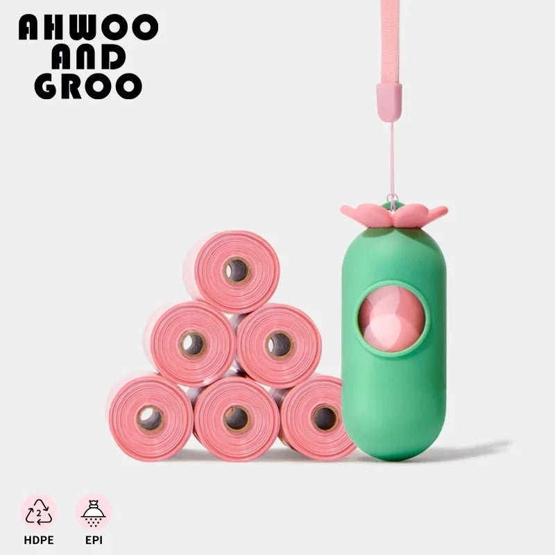 🐶 Dispensador Portátil de Bolsas para Heces de Mascotas 🌸 Diseño de Flor Rosa | 🛍️ Bolsas para Desechos | 🐾 Ideal para Paseos con tu Perro