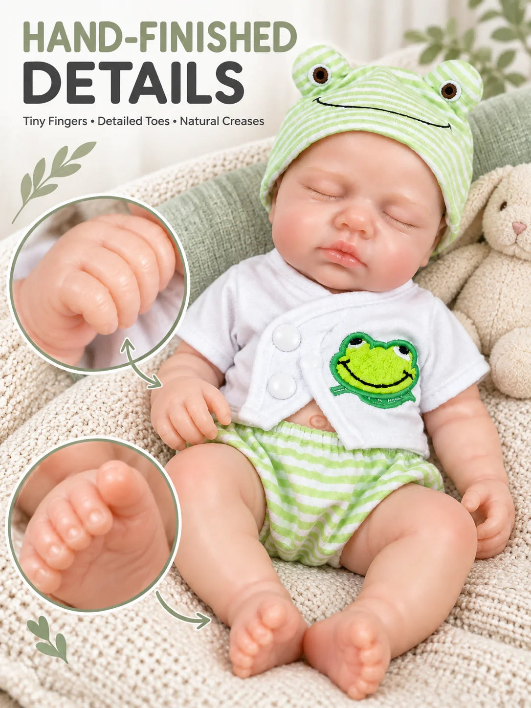12 Inch Lifelike Sleeping RebornSilicone Baby Doll Cute Frog Outfit Realistic Newborn Doll Collectible Toy Gift