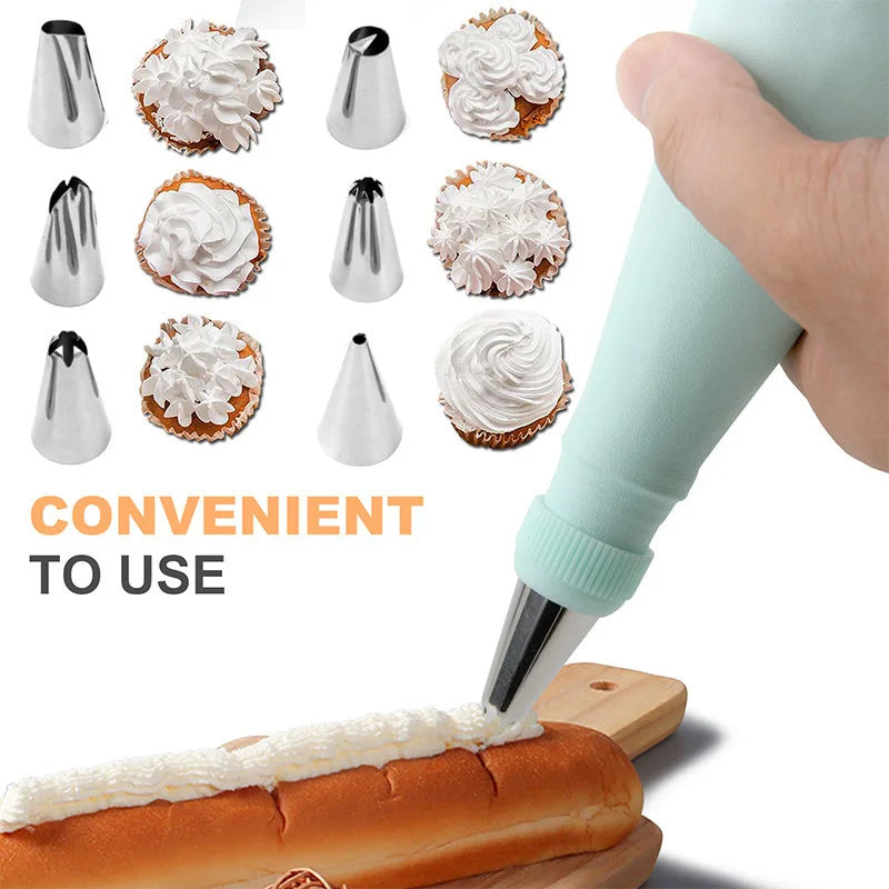 Cake Piping Tools Reusable Silicone Pastry Bag Stainless Steel Nozzle Icing Bag for Decoration Baking Tool Kitchen Accessories