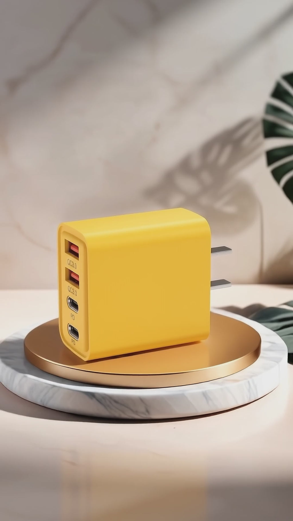 🔌 Cargador de Pared de 4 Puertos USB-A y USB-C – Carga Rápida Amarillo