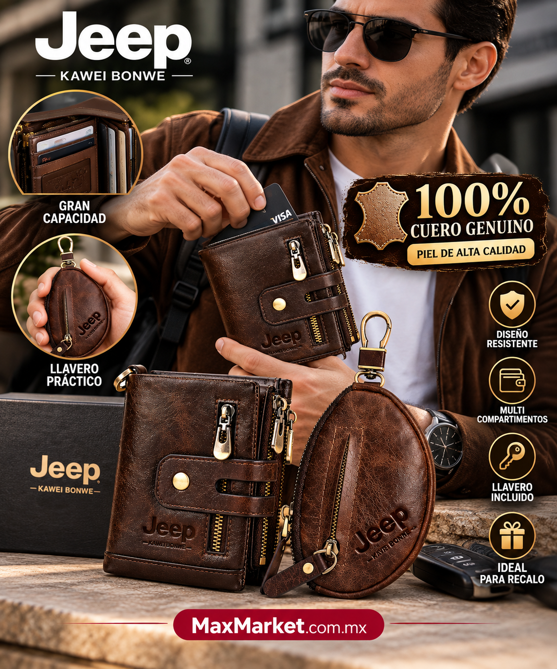 👔💼 Set para Hombre: Cartera y Llavero Marca JEEP de Piel Genuina 100% | Max Market